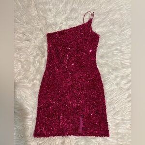 Crystal Doll Fuschia Sequin One-Shoulder Mini Dress